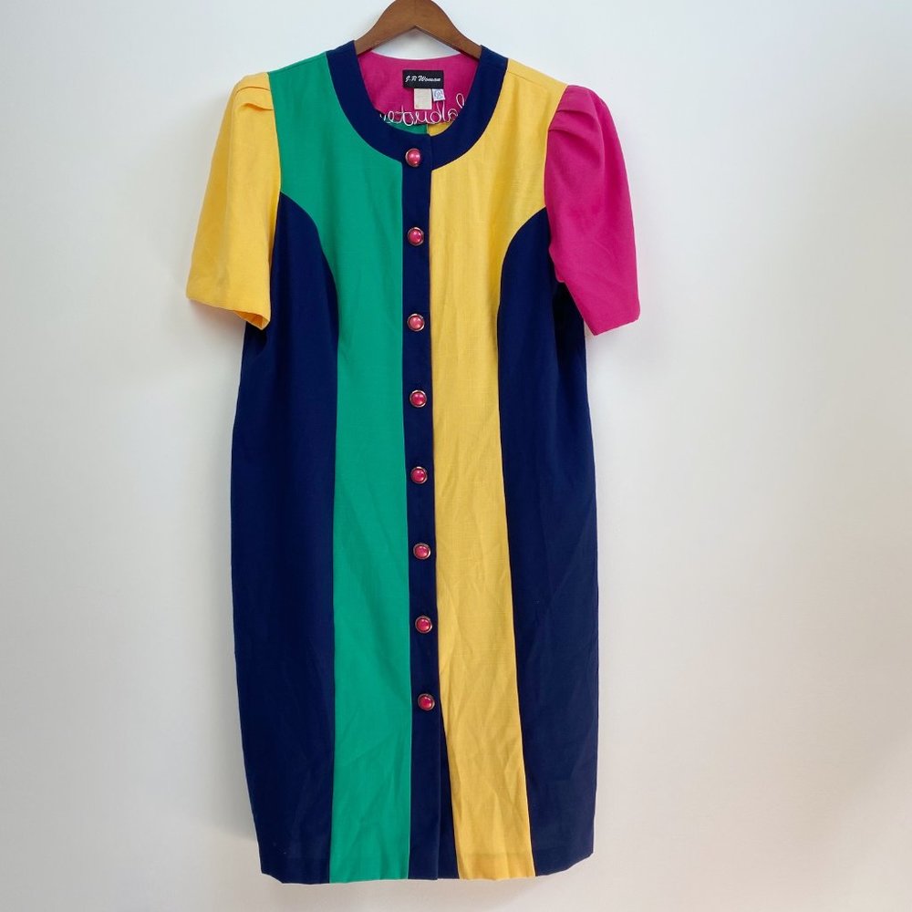 vintage color block button-up midi shift dress - Picture 1 of 7